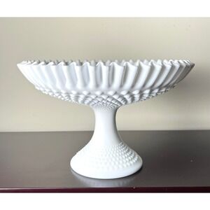 Vintage White Milk Glass Hobnail Pedestal Compote / Tazza Fenton-Style Unmarked